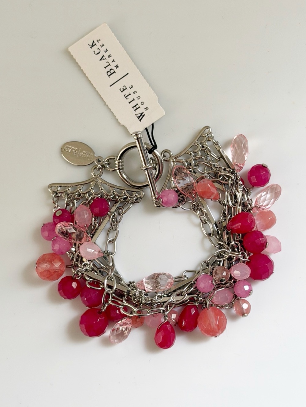 WHBM Pink Beaded Dangle Multiple Strand Silver Tone Bracelet NWT